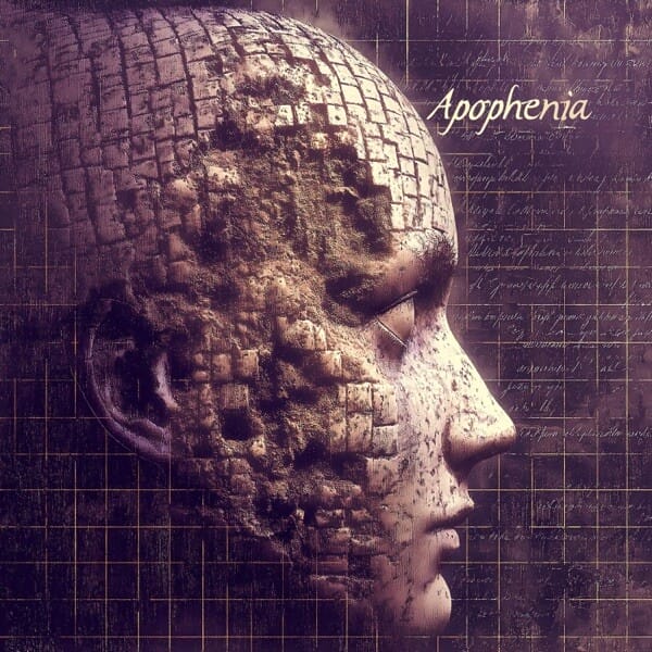 Official single cover artwork for "Apophenia" which showcases a mould casting of a person's head which is cracked and distorted all down the side of the face. It is facing to the right with a grid-like background.