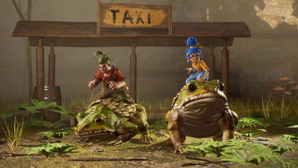 Miniature characters of May and Cody in the gameplay of It Takes Two riding two toads with the sign "Taxi" written behind them.