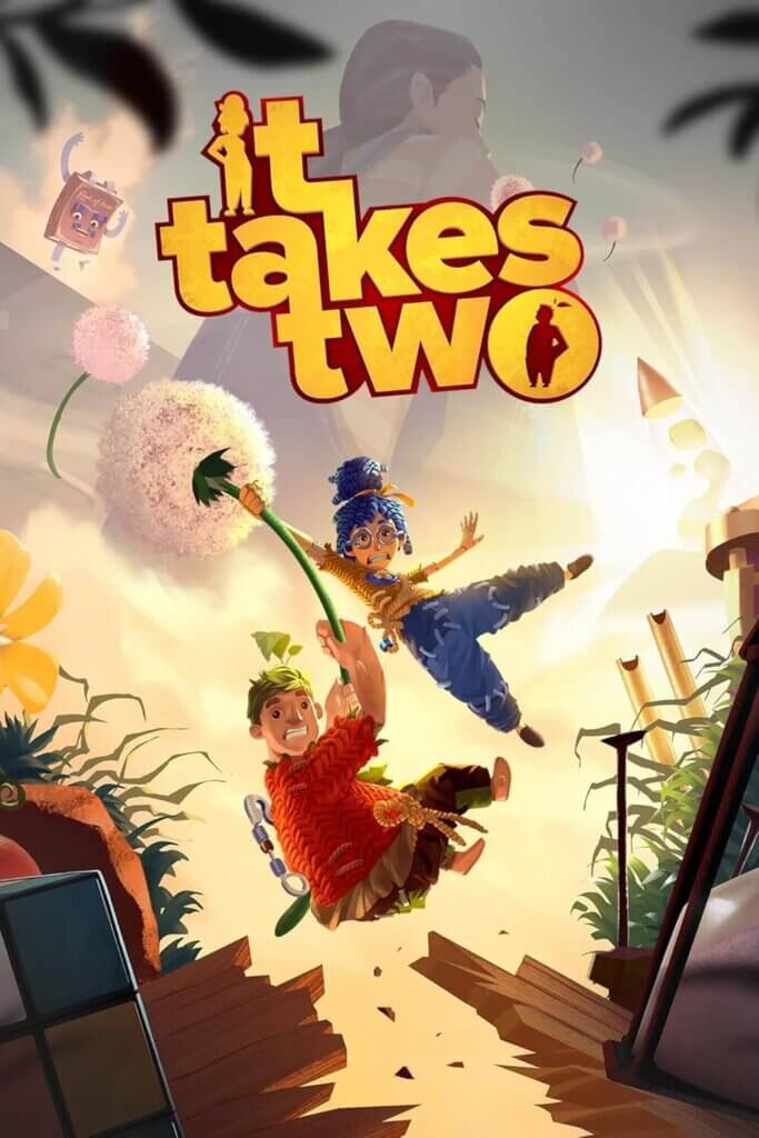 Official game cover for It Takes Two which sees the two main characters Cody and May as their miniature characters, holding on to a daffodil, floating down through a crack in the ground.