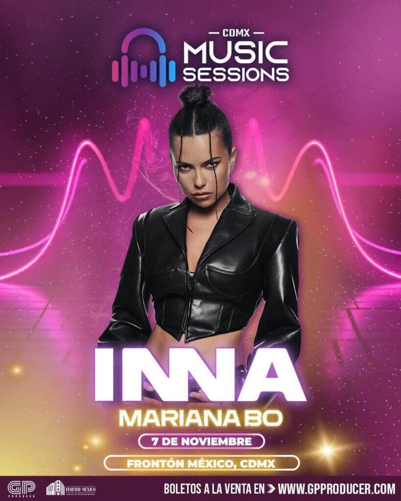 Concert Chaos: INNA's Mexico City Show Cancelled Mid-Flight Amid Organiser Explosive Controversy 26 INNA on the concert show poster where she's wearing a cropped black jacket with her hair up in a bun. The poster has purple neon lights behind her.