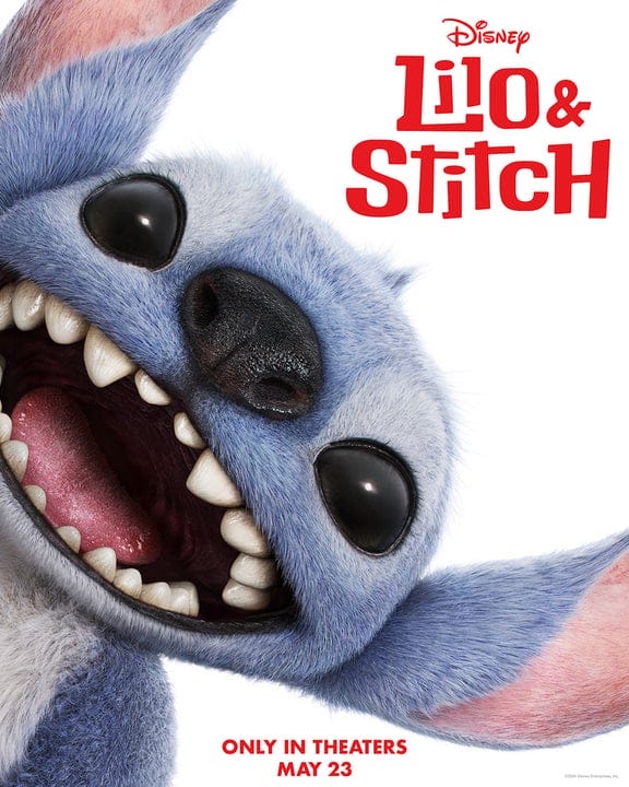 Official Disney's Lilo & Stitch 2025 poster which sees Stitch close up to the camera with his mouth open, looking cute, with a white background behind him with the title writing in red.