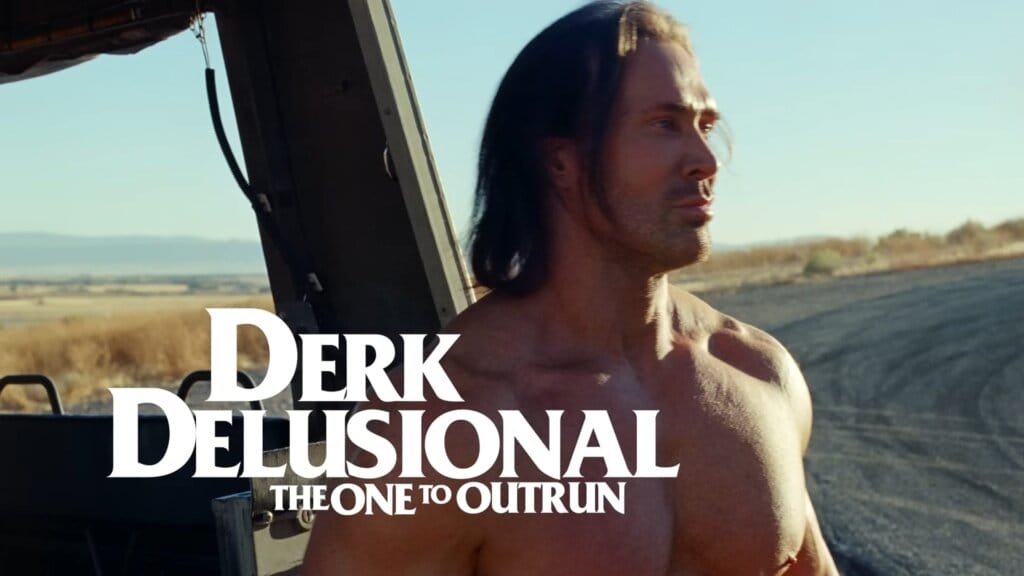 Still from the "Joyride" music video which sees Mike O'Hearn as Derk Delusional the One to Outrun shirtless, showing off his muscles.