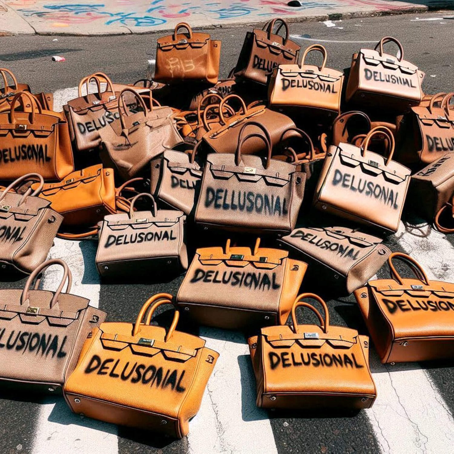 Kesha Unveils New Single “DELUSIONAL” to Kick Off the Festive Season 29 The single cover artwork for "DELUSIONAL" by Kesha, which sees a variety of beige bags on a pedestrian crossing with black spray paint on them that spell out the word "Delusional".