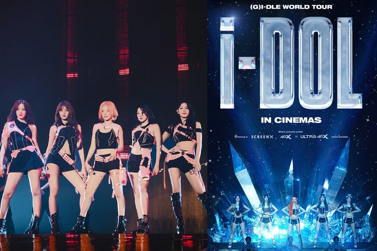 Collage of two photos with the left photo showing girl group (G)I-DLE performing on stage, with the right image being a poster for (G)I-DLE WORLD TOUR [iDOL] IN CINEMAS lit up in blue spotlights.