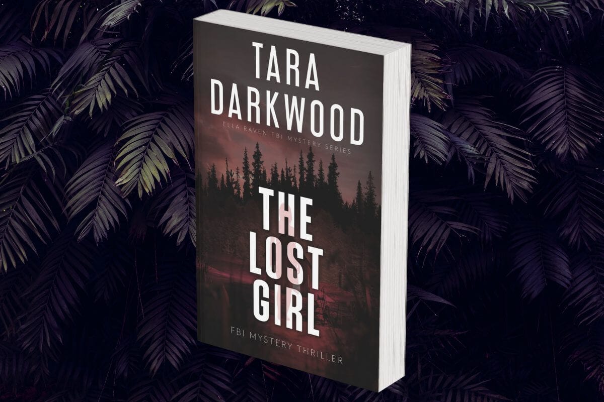 Dark leaves background with Tara Darkwood's book "The Lost Girl" in the middle.