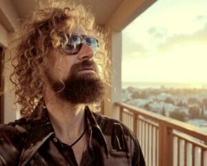 Max Vanderwolf wearing a brown shirt and some shades, standing on a wooden balcony.