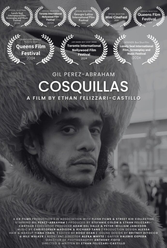 Ethan Felizzari-Castillo’s Award-Winning Short Film "COSQUILLAS" Starring Gil Perez-Abraham Now Streaming Online 16 Official poster for the short film "COSQUILLAS" which shows a black-and-white photo of Gil Perez-Abraham in an Elmo costume, with the head pulled up so that you can see his face.