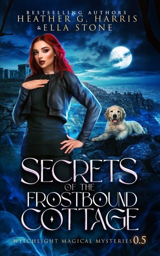 The book cover to Heather G. Harris and Ella Stone book "Secrets of the Frostbound Cottage" which has a blue theme to it and shows a red-headed woman who we presume is Beatrix with a Labrador dog behind her.