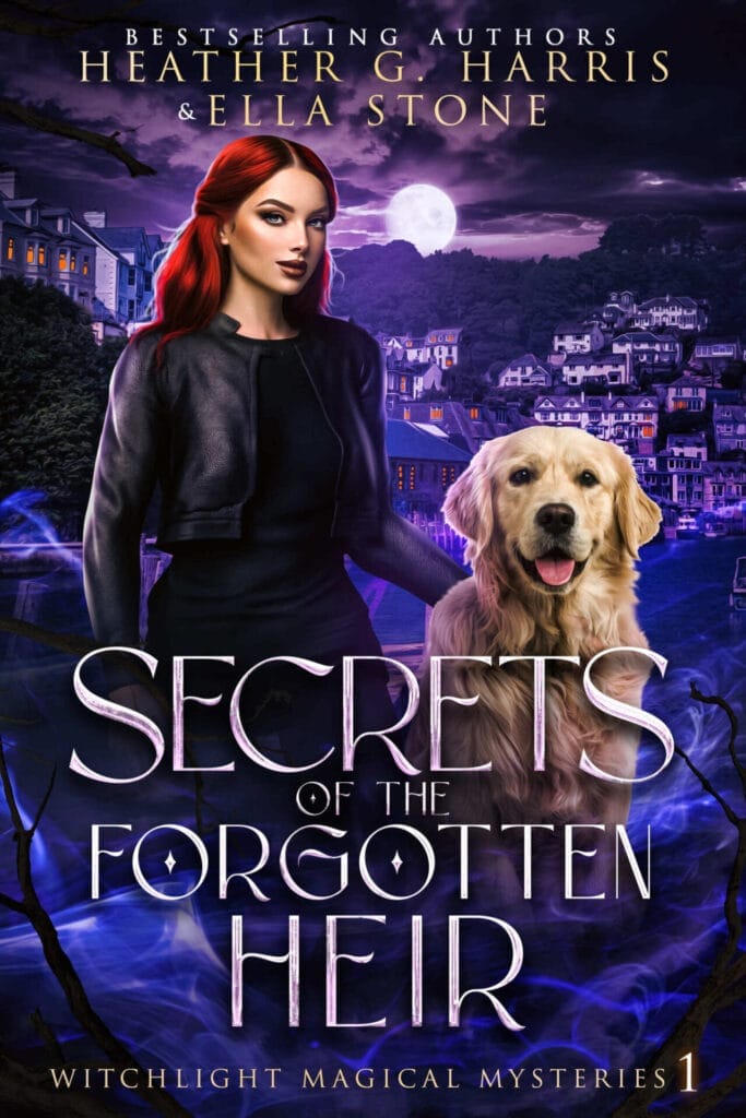 The book cover to Heather G. Harris and Ella Stone book "Secrets of the Forgotten Heir" which has a purple-blue theme to it and shows a red-headed woman who we presume is Beatrix with a Labrador dog beside her.