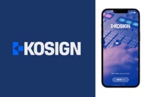 Two images together, with the left image showing the KOSIGN logo on a dark blue background, and the right image showing a phone with the KOSIGN app launch page which shows a hand over a music production set, displayed with a blue filter.