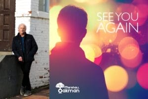 Collage of two photos, the left photo shows Marshall Oakman standing in front of a house with a white-painted brick wall behind him, leaning against a grey wall; while the right image shows the official single cover artwork for "See You Again" which sees a silhouette of a guy facing a light that has created circle light images as it bounces off the camera.