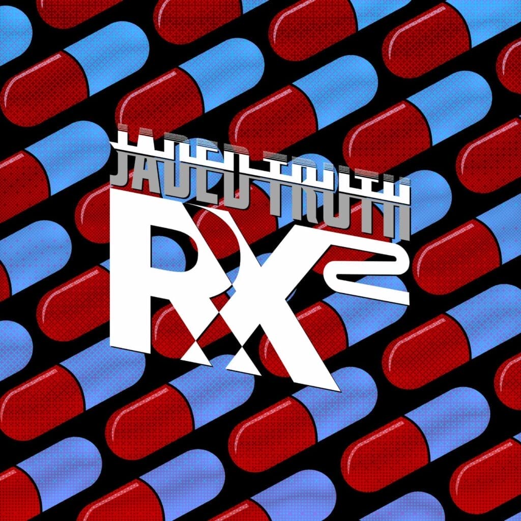 Official album artwork for "Rx2" which shows a background pattern of red and white pill capsules, with the band's name and album title centred in the middle in white.