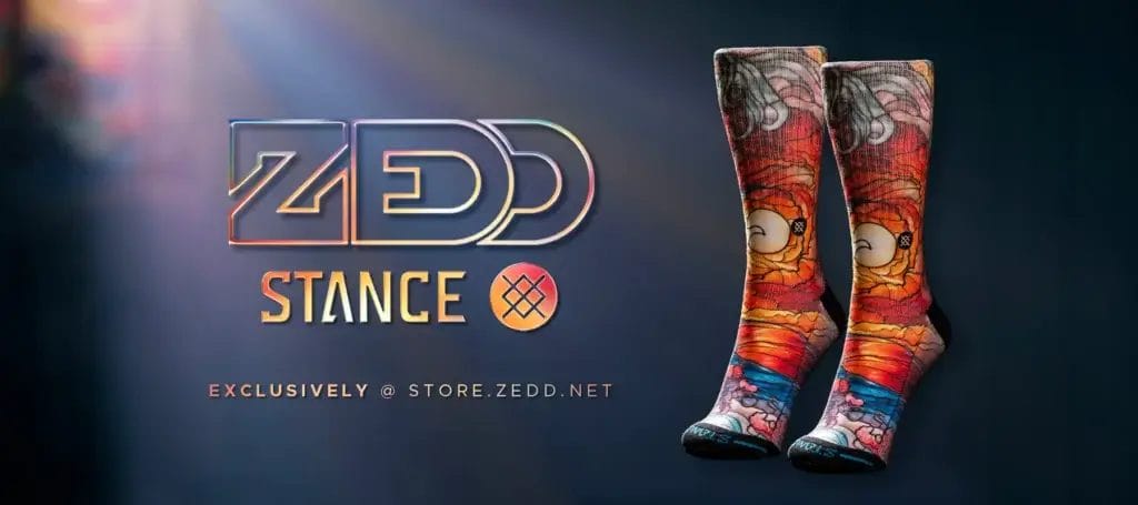 Promotional image from Zedd's website showing off the Telos x Stance socks, with the album designed socks on the left with Zedd and Stance's logos on the right.