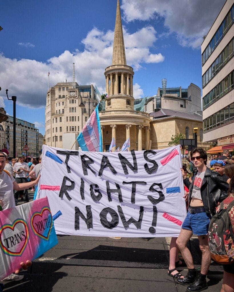 A banner from London Trans+ Pride 2024 which says "Trans Rights Now!"