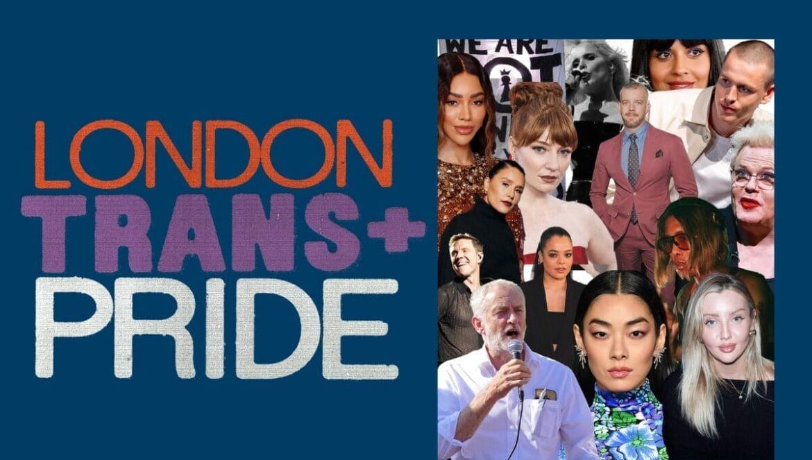 The logo of London Trans+ Pride on the left against a dark navy blue background, and on the right is a collage of celebrities that have spoken out in solidarity for trans rights.