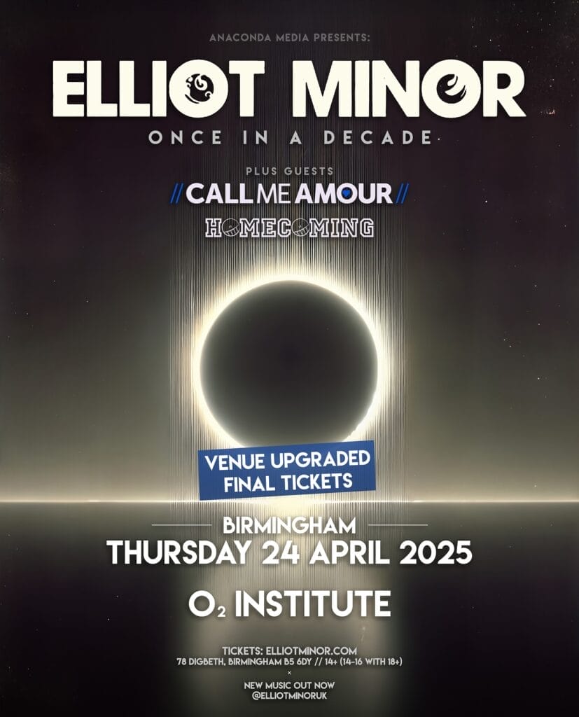 Official Elliot Minor Once in a Decade Tour poster specifically for the O2 Institute Birmingham which shows a solar eclipse over an ocean with text overlaying it all explaining the bands performing, the date, and the venue.