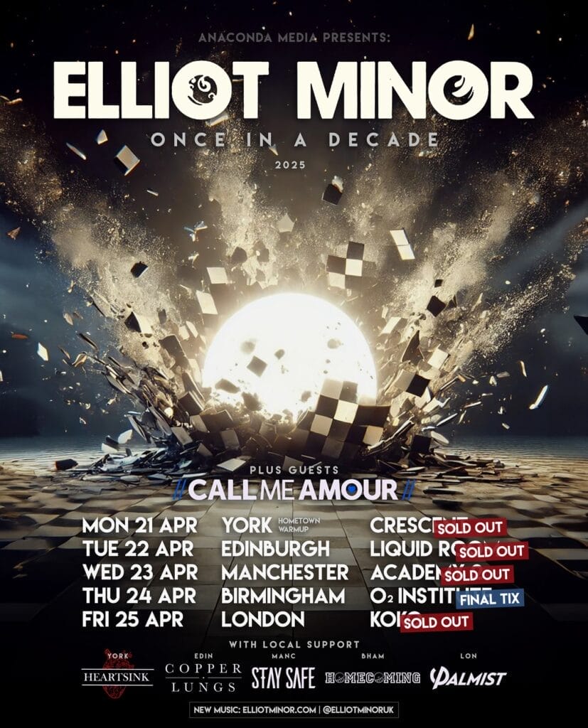 Official Full Elliot Minor Once in a Decade Tour Poster which shows a ball of light blasting upwards through a black and white chequered floor, with the band's name on top and the tour dates with support act names and venues below.