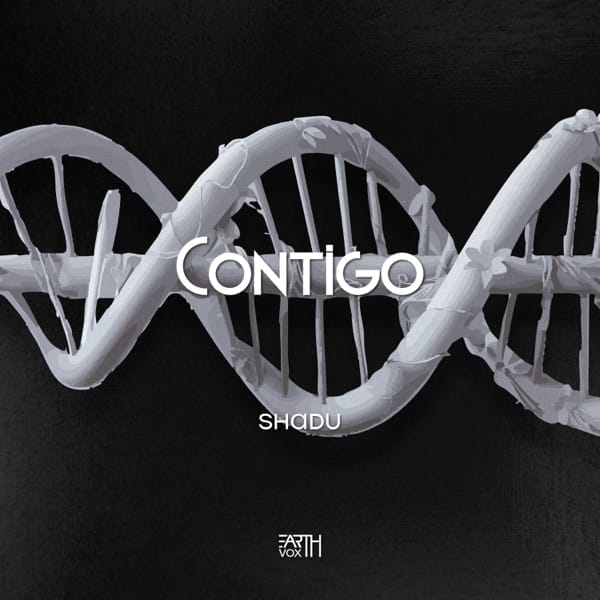 Official single cover artwork which is black and white and has an image of DNA horizontal, with the word "Contigo" written in white and placed in the middle.