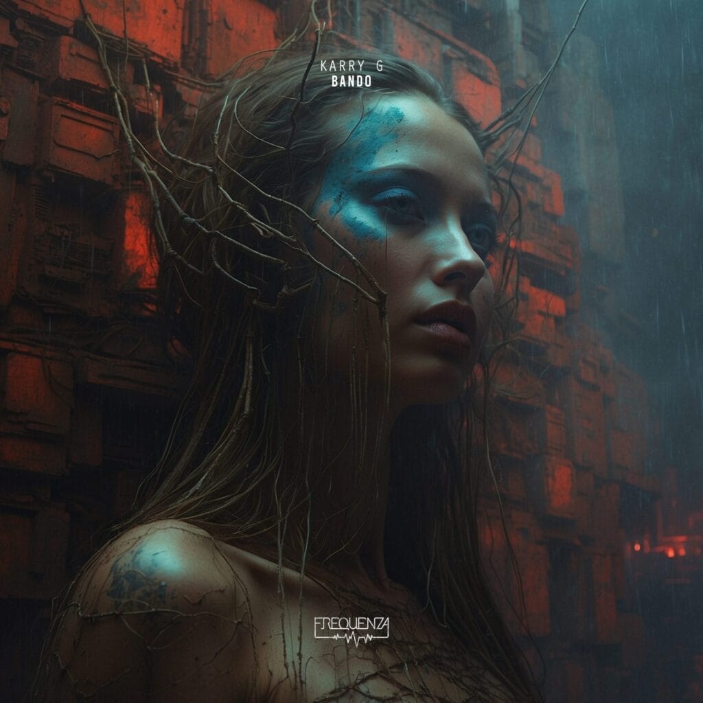 Official single cover artwork for "Bando" which sess a side-on headshot of Karry G standing against a brick wall with the wind messing up her hair and it looks like she has dirt on her.