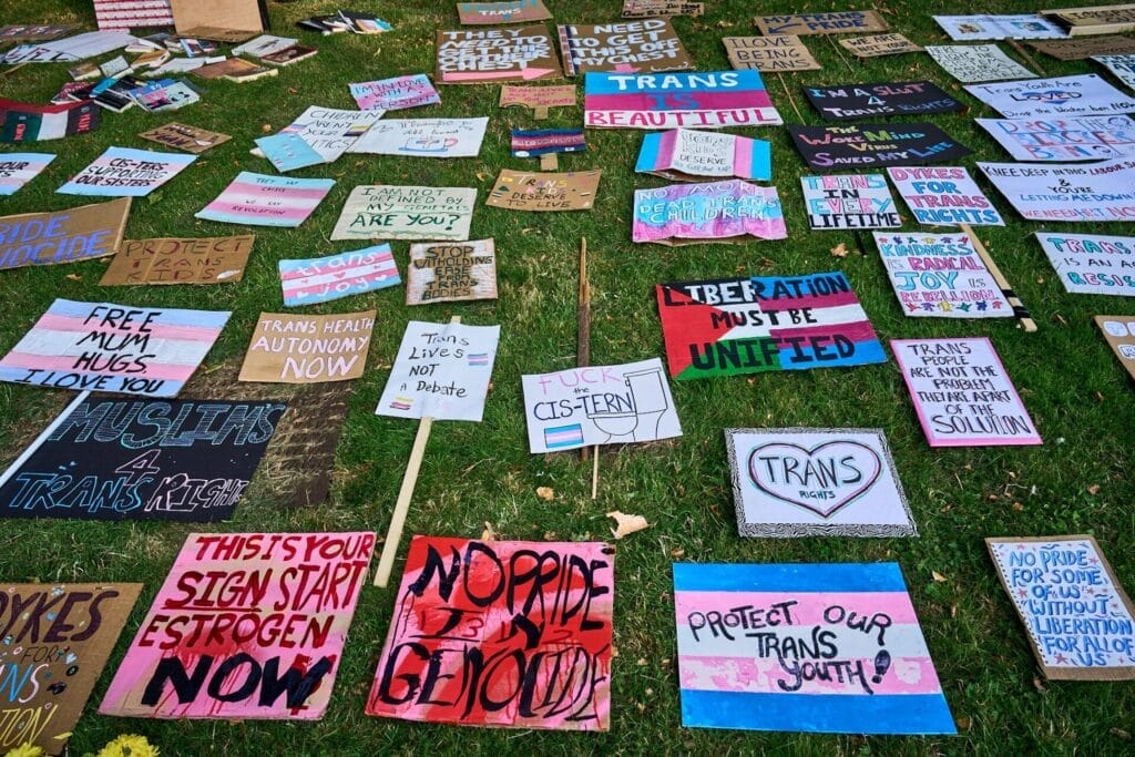London Trans+ Pride 2025: Powerful Celebrity Messages Echo the Theme "Existence & Resistance" 107 A bunch of placards, banners, and signs supporting trans rights laying on the grass.
