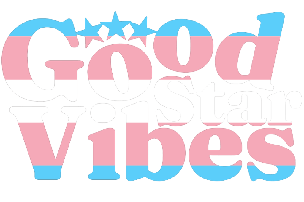 The Good Star Vibes logo with the colours changed to the trans flag colours.
