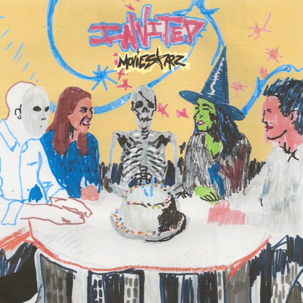 MOVIESTARZ Embrace Individuality and Y2K Vibes with New Single “INVITED” 34 Official single cover artwork for "INVITED" by MOVIESTARZ which is an artist drawing of five people around a table, one of them is a skeleton, another looks like the wicked witch of the west, and another looks like Jason from the Halloween movies.