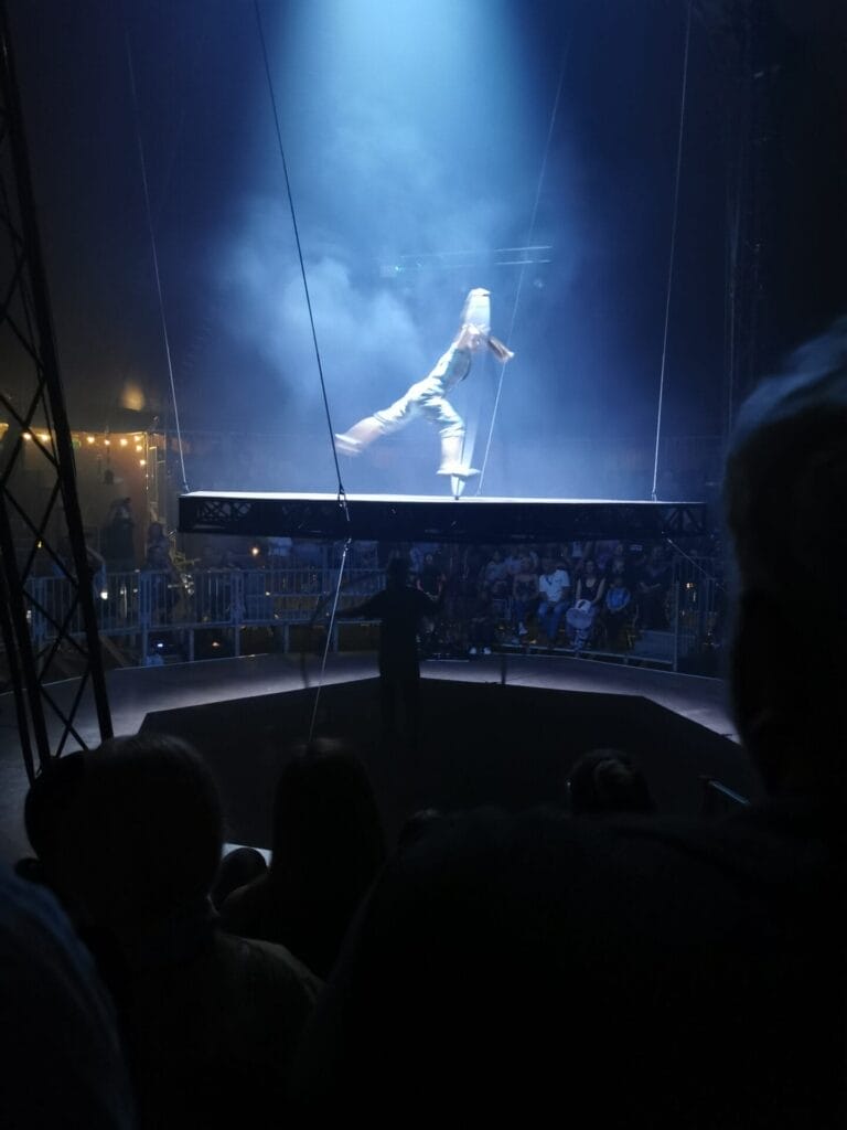 REVIEW: Revel Puck Circus Brings Bold Circus Spirit to Brighton Fringe with The Circus Yard Launch Gala 43 A woman performing with a Cyr Wheel on a raised platform.