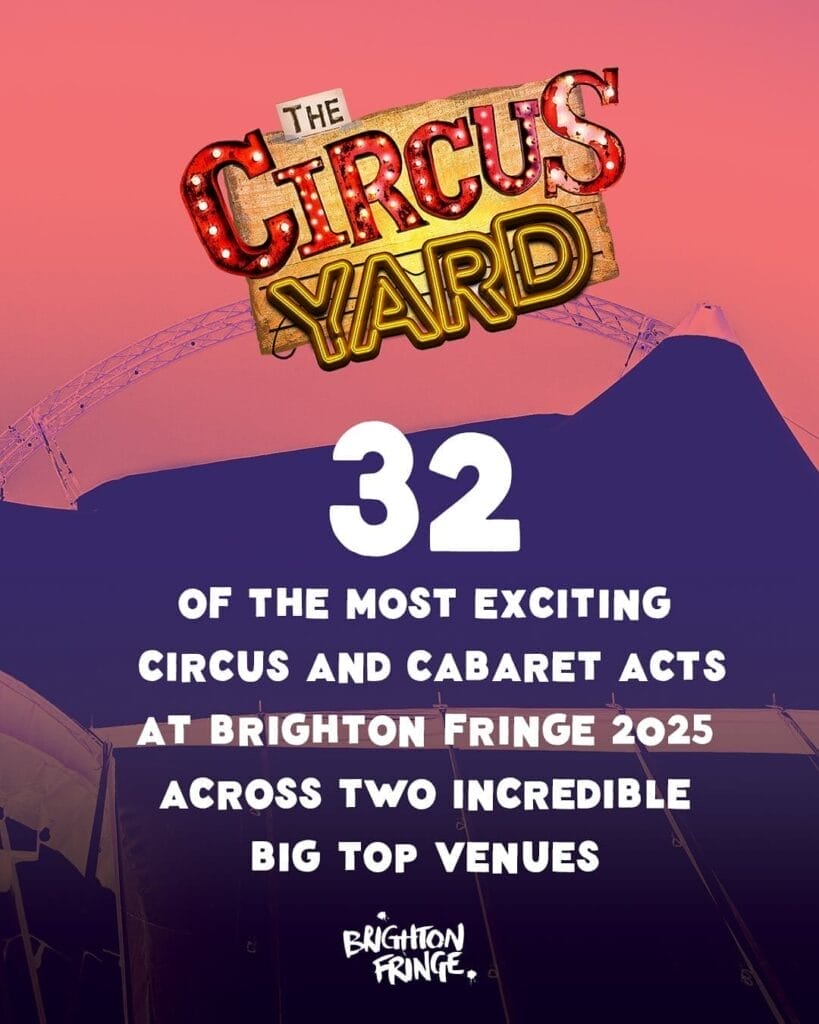Official promotional poster for The Circus Yard by The Revel Puck Circus that features a silhouette of a big top circus tent in the background and a bunch of text explaining that there is 32 shows overall.