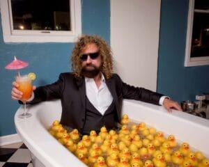 Official press photo which shows Max Vanderwolf wearing a three-piece suit and some shades, sitting in a full bathtub alongside a tonne of yellow rubber ducks, while holding a cocktail in his hand.
