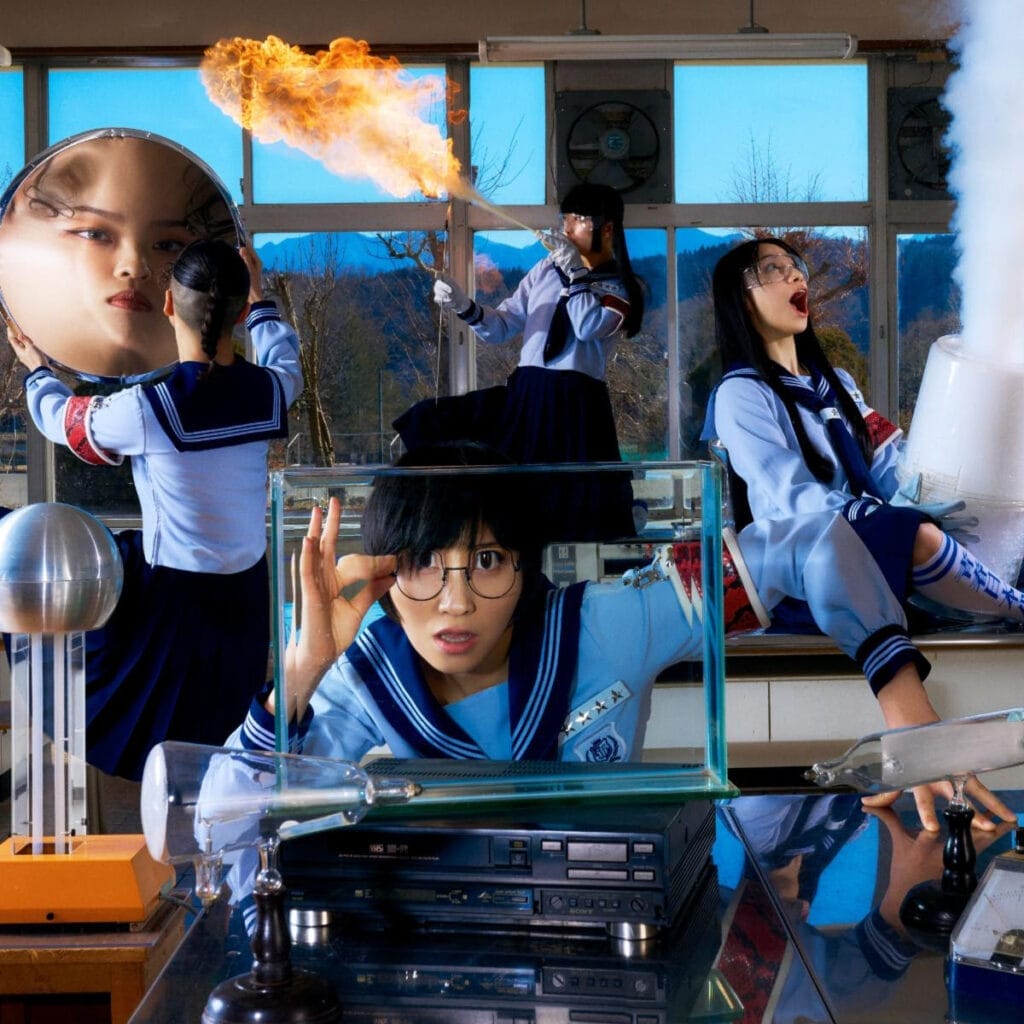 Balming Tiger and ATARASHII GAKKO! Channel Childlike Wonder in Psychedelic Single “Narani Narani” 7 Official press photo of ATARASHII GAKKO! which shows the group wearing school uniform and looking inquisitively into things such as a mirror, a pane of glass, some fire, and some smoke.