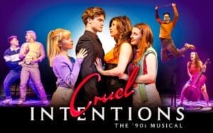 Official press photo of Cruel Intentions: The '90s Musical which shows the four main characters looking at each other, together, with the gay characters on the left and Cecile learning how to play the cello as Ronald teaches.