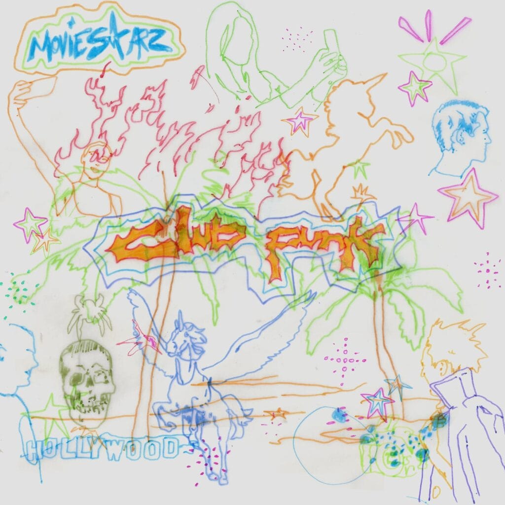 Meet MOVIESTARZ: Alt-Pop’s Chaos Duo on Their Debut Album, Fashion Brand, and Breaking Boundaries 60 Official single cover artwork for "Club Punk" by MOVIESTARZ which shows a drawing of various images including a unicorn, a Pegasus, fire, stars, a skull, and the Hollywood sign, amongst other drawings.