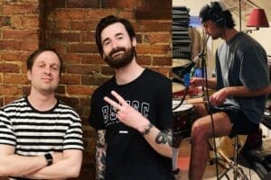 Collage of two photos with the left photo showing Joe Stanton and Mitchell Layton posing in front of a brick wall with Stanton wearing a black and white striped t-shirt with his arms crossed and Layton wearing a black t-shirt with his hand out in a peace sign. The right photo shows a side shot of Blaise Rantanen playing the drums in shorts and a grey tee.