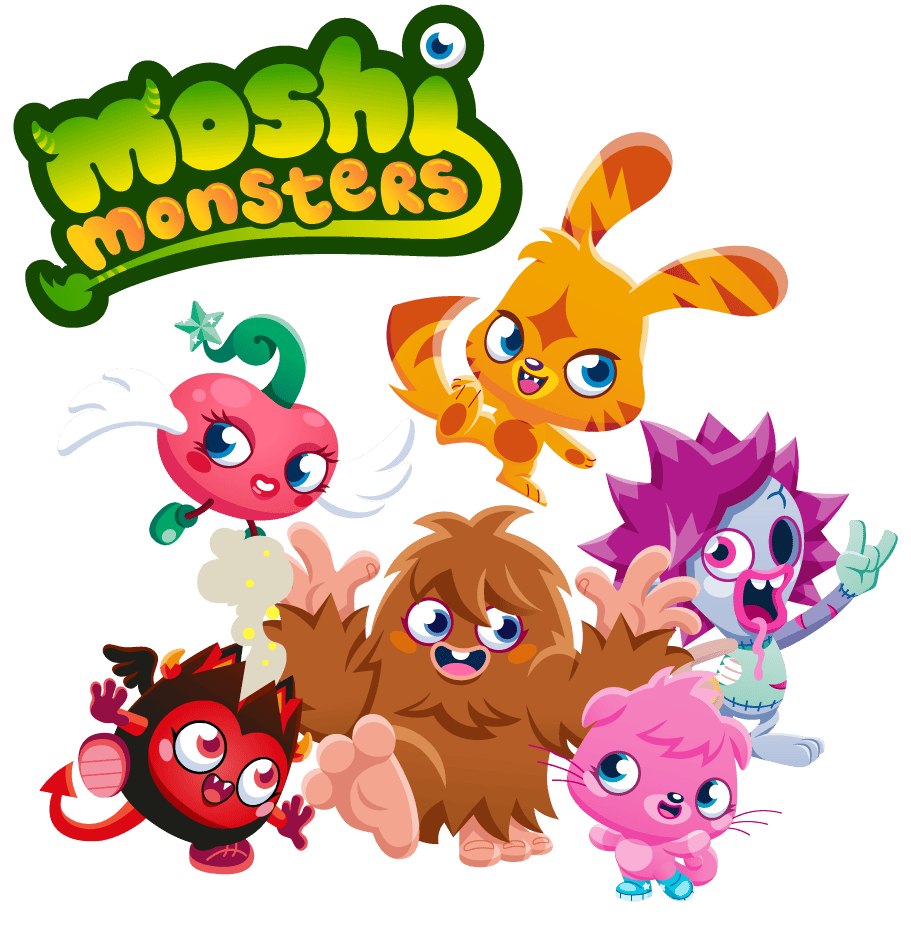 Six Moshi Monsters screaming and running with the green logo in the top left.