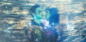 Pixelated image of Aurelia and Icarus Moth standing close to one another, looking at each other, in a sea of blue pixels.