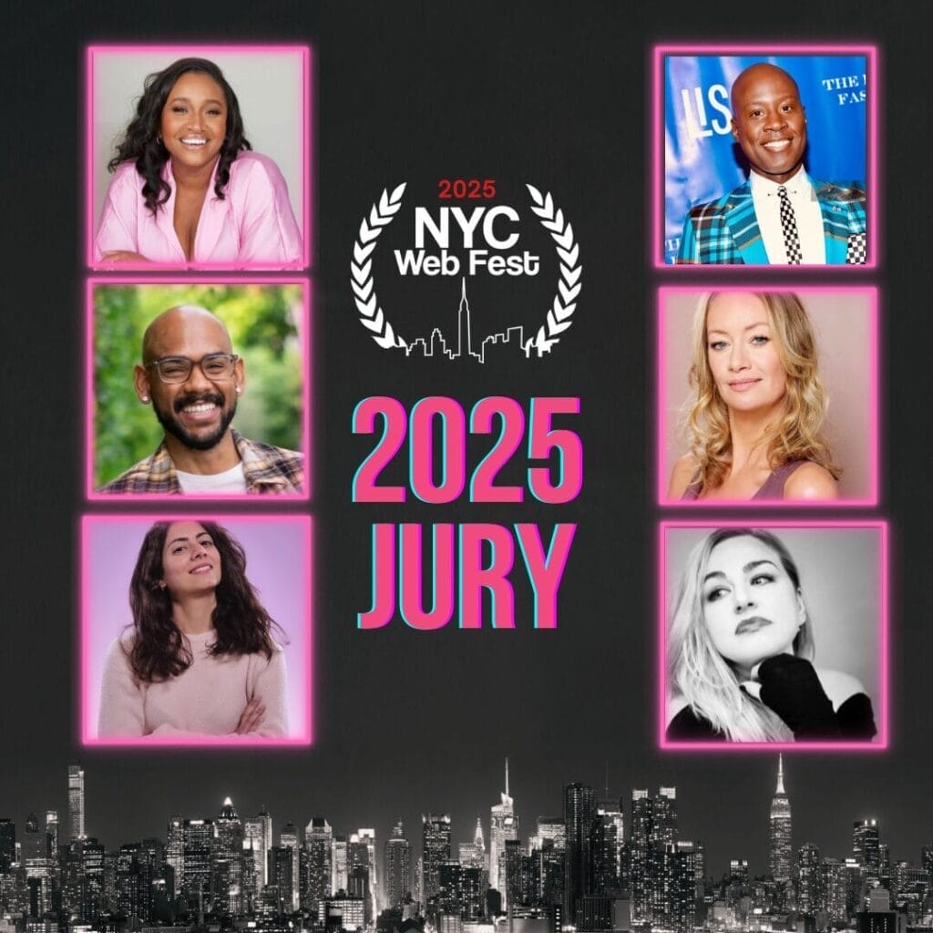 A collage of six photos of the NYC Web Fest 2025 panel, three each side, with the logo in the middle and the New York City skyline as the background in black and white.