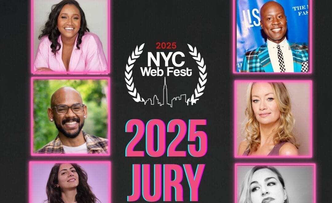A collage of six photos of the NYC Web Fest 2025 panel, three each side, with the logo in the middle and the New York City skyline as the background in black and white.