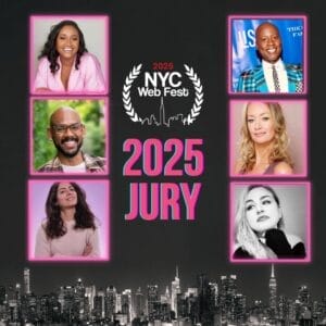 A collage of six photos of the NYC Web Fest 2025 panel, three each side, with the logo in the middle and the New York City skyline as the background in black and white.