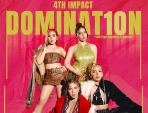 Cropped image of the official DOMINAT10N concert poster which sees 4th Impact posing with a pink background and the concert title and the group's name in gold lettering.