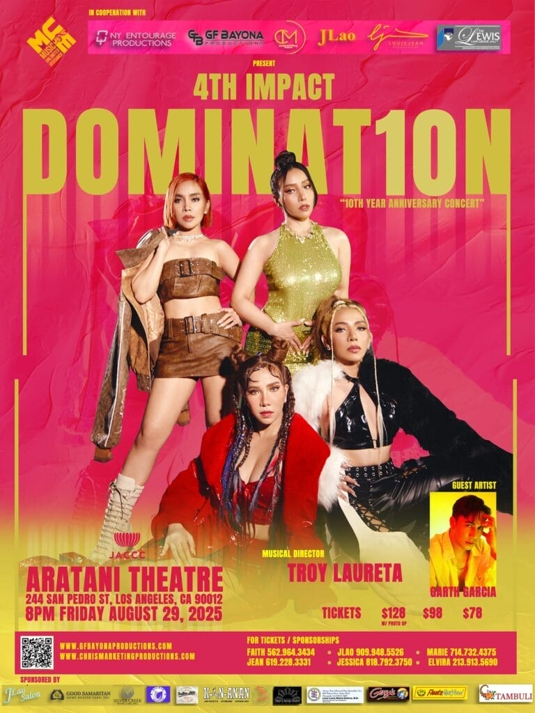 The official DOMINAT10N concert poster which sees 4th Impact posing with a pink-to-gold gradient background and the concert title and the group's name in gold lettering at the top, with the concert details below in pink lettering.