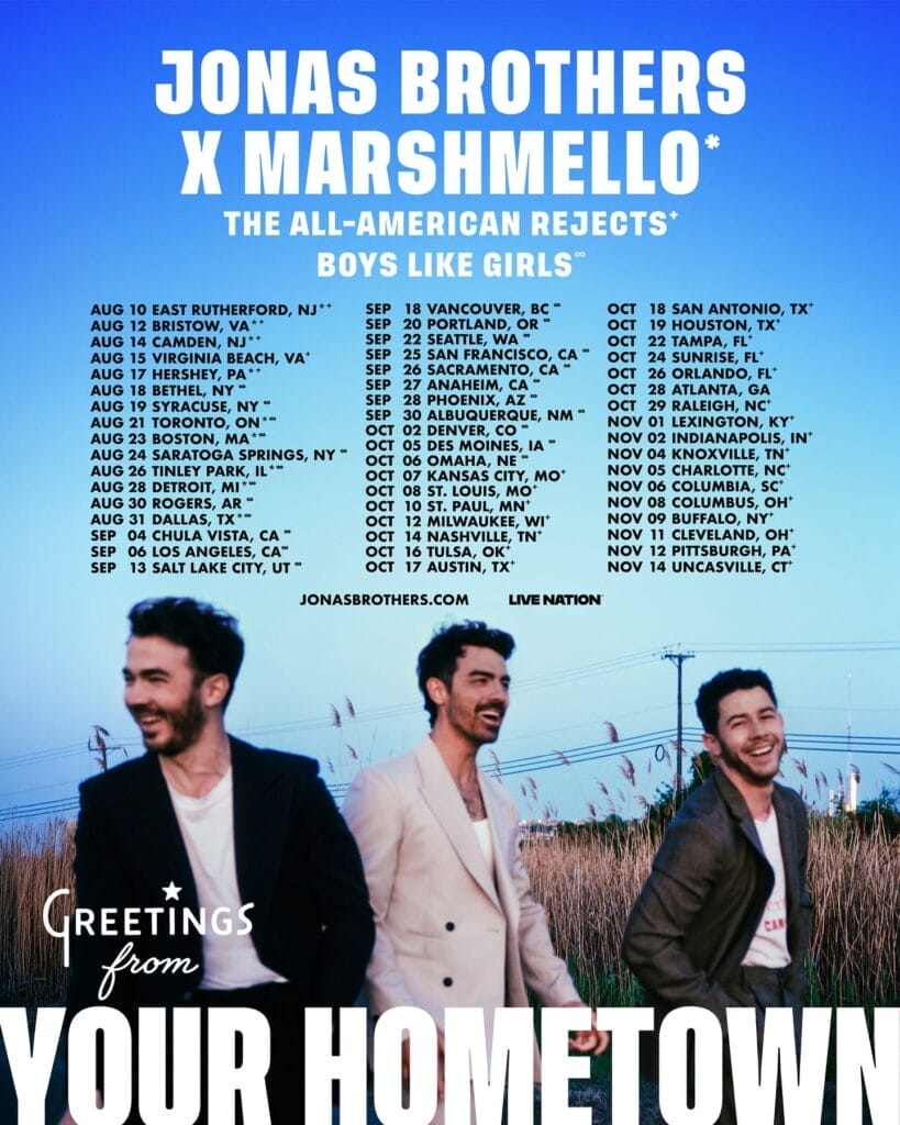 Official Greetings From Your Hometown Tour poster which sees the Jonas Brothers all laughing at the bottom with their name and support acts' names in the blue sky above them above a long list of tour dates.