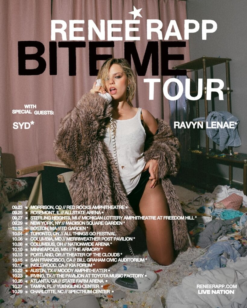 Official BITE ME Tour poster which shows Reneé Rapp kneeling on a bed, wearing a white top under a fluffy coat, with her hair wet and holding an old-fashion telephone to her ear. The list of dates overlay the image.