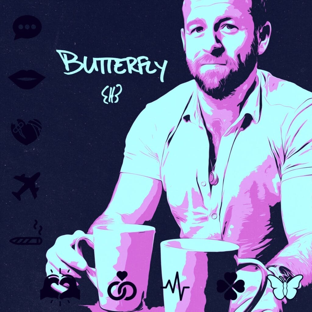Official single cover artwork for "Butterfly" which sees Mike Maimone holding out two mugs of coffee with the image hyper-filtered in a dark blue and light blue almost white tones.