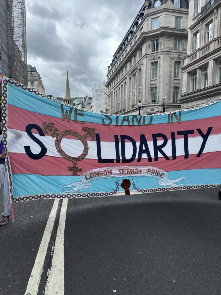 Banner that says "We stand in solidarity, London Trans+ Pride", with the Trans colours as the background.