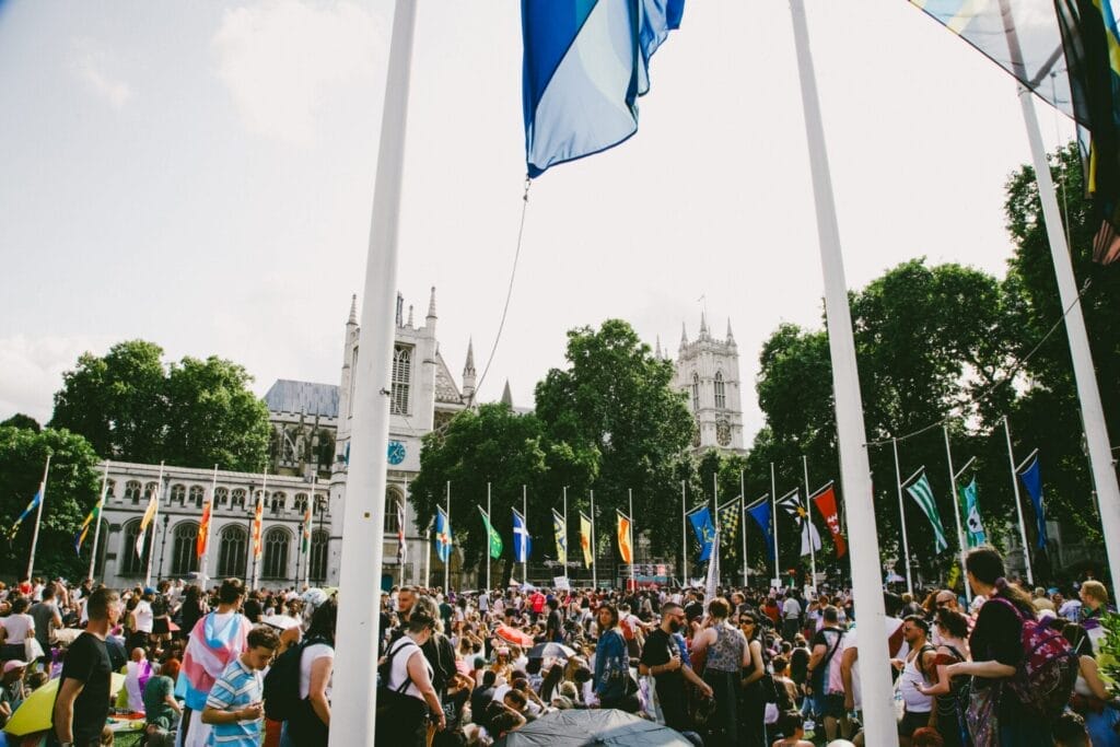 Crowd of protesters as part of the London Trans+ Pride 2025 all together for the speeches.
