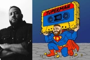 Collage of two photos, the left photo is a black-and-white image of Daddyphatsnaps wearing a dark shirt with his arms crossed. The right photo is the single cover artwork for the collaborative single "SUPERMAN" with OmarCameUp which sees a cartoon figure of Daddyphatsnams in a superman costume, holding up a cassette.