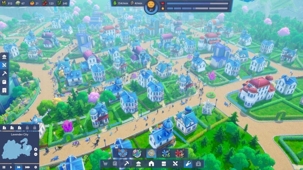 Screenshot from the Tamer Town trailer which shows the UI of the build mode of the game as the screen shows the town built up.