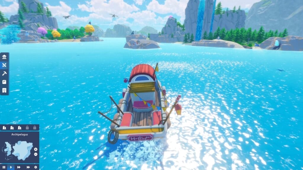 Screenshot from the Tamer Town trailer which shows the user controlling a boat across a stretch of water with land in the distance.