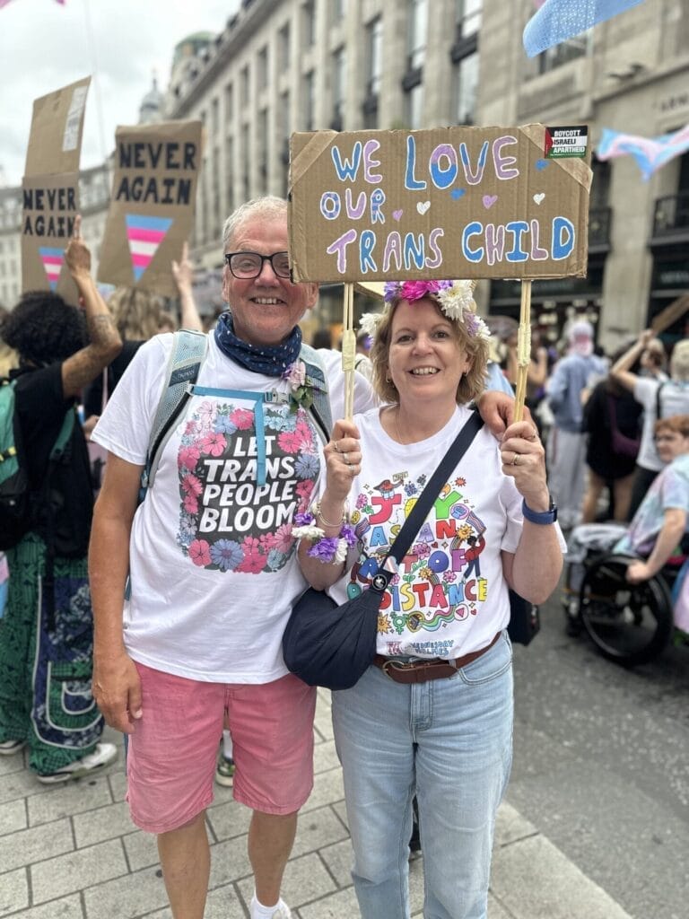A mother and father holding up a sign which says "We love our trans child" during the march as part of the London Trans+ Pride 2025.
