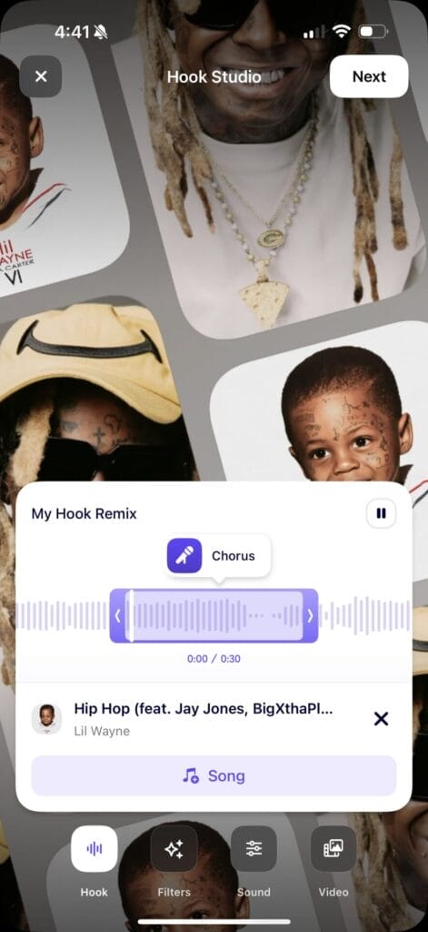 Screenshot of selecting a section of Lil Wayne's "Hip-Hop" song on the Hook app to create a remix.